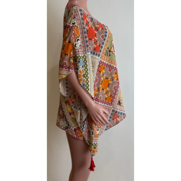 Johnny Was Jade Veronica Silk Print Tunic Top Womens L Multicolor Tassels - Picture 3 of 10